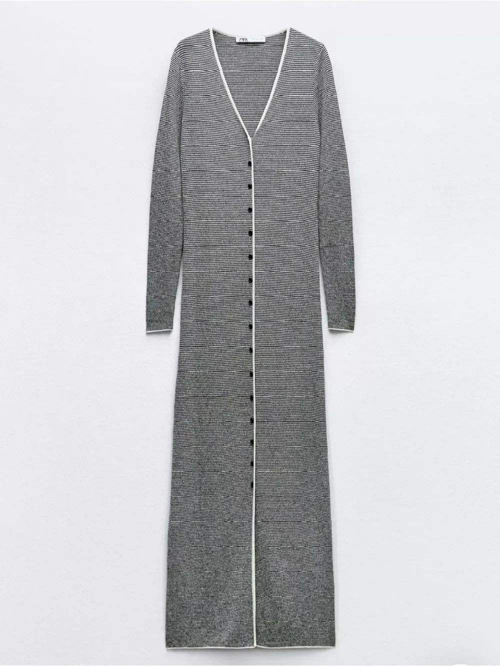 Zara Gray Ribbed Button-Front V‑Neck Maxi Dress